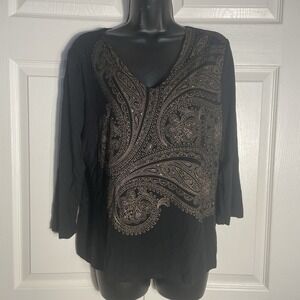 Vintage Hillard Hanson Shirt Women L‎ Black Paisley Y2K Beaded V Neck Knit Top